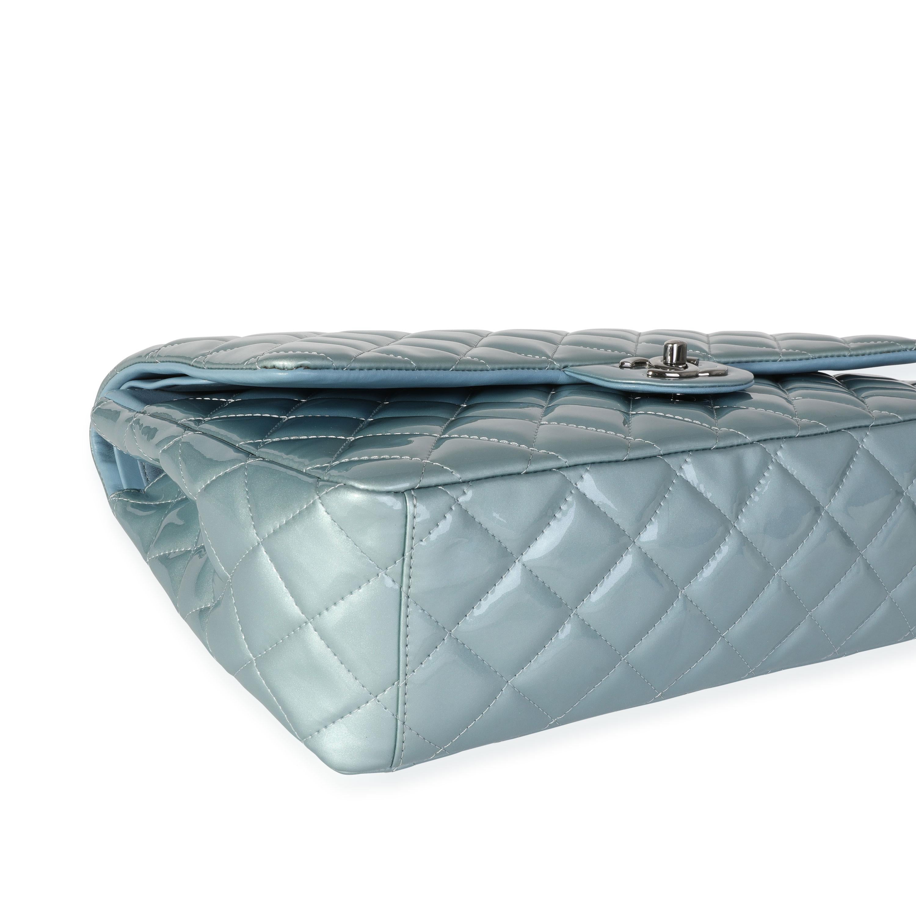 Chanel Light Blue Quilted Patent Leather Maxi Classic Double Flap In Excellent Condition In New York, NY