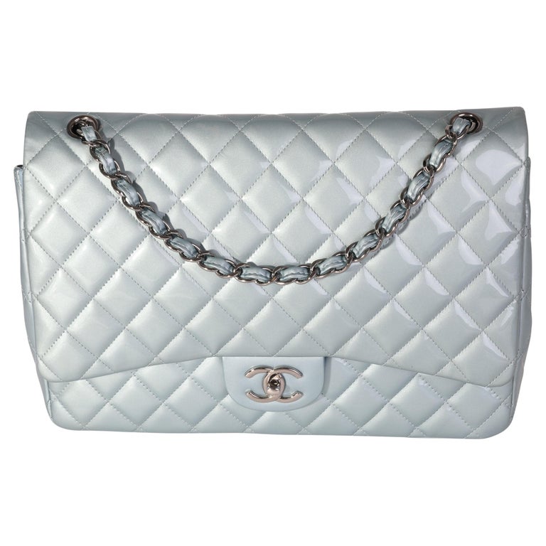 Chanel Light Blue Quilted Patent Leather Maxi Classic Double Flap For Sale  at 1stDibs