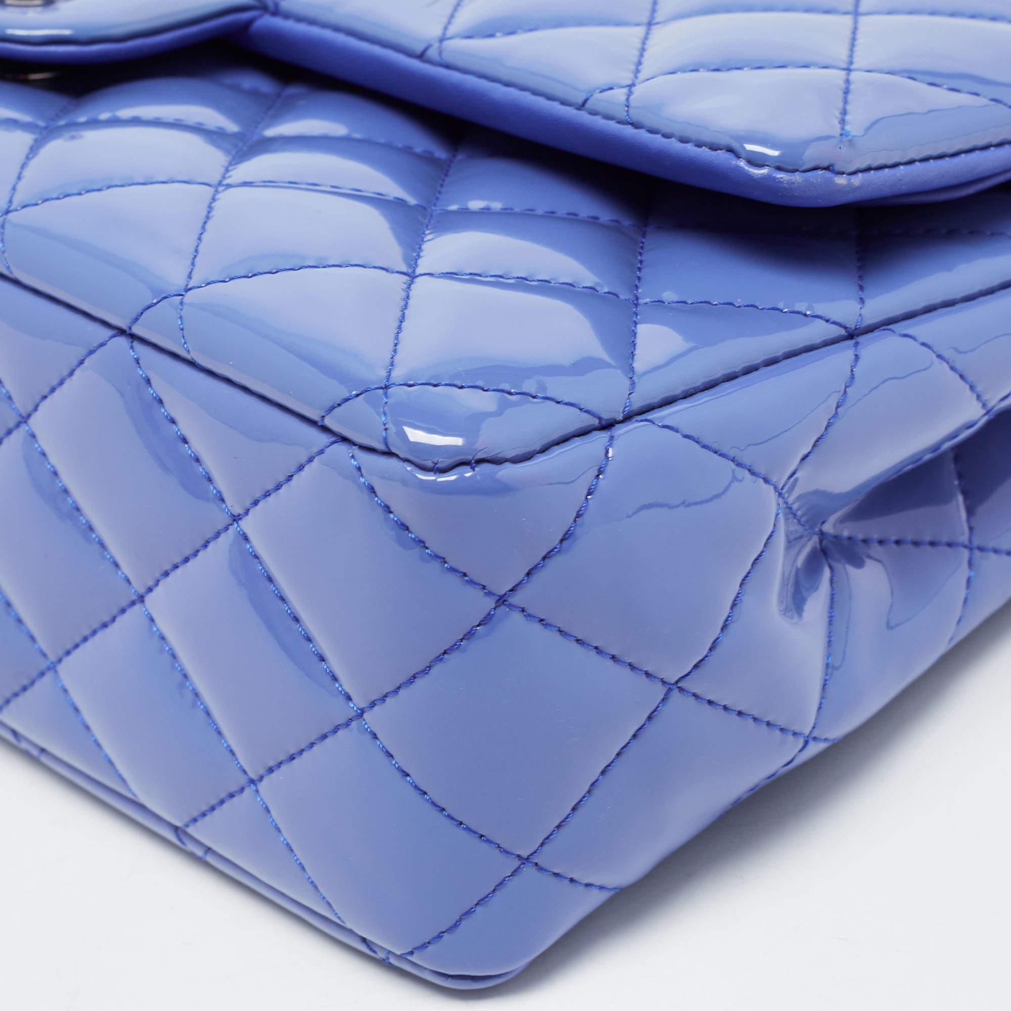Chanel Light Blue Quilted Patent Leather Medium Classic Double Flap Bag 14