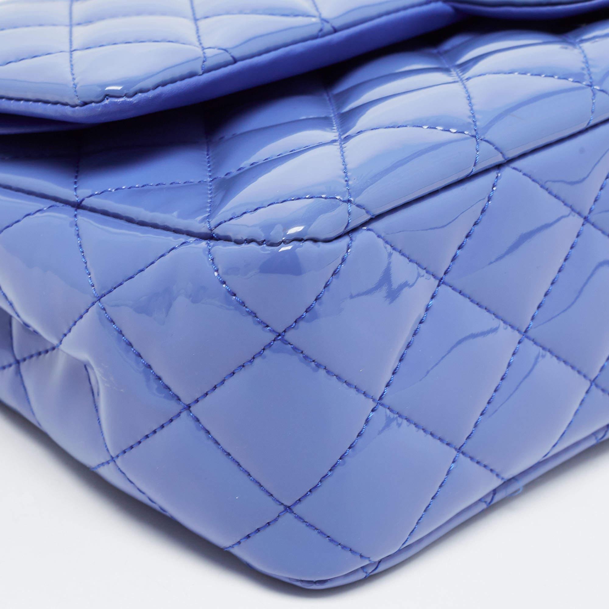 Chanel Light Blue Quilted Patent Leather Medium Classic Double Flap Bag 15