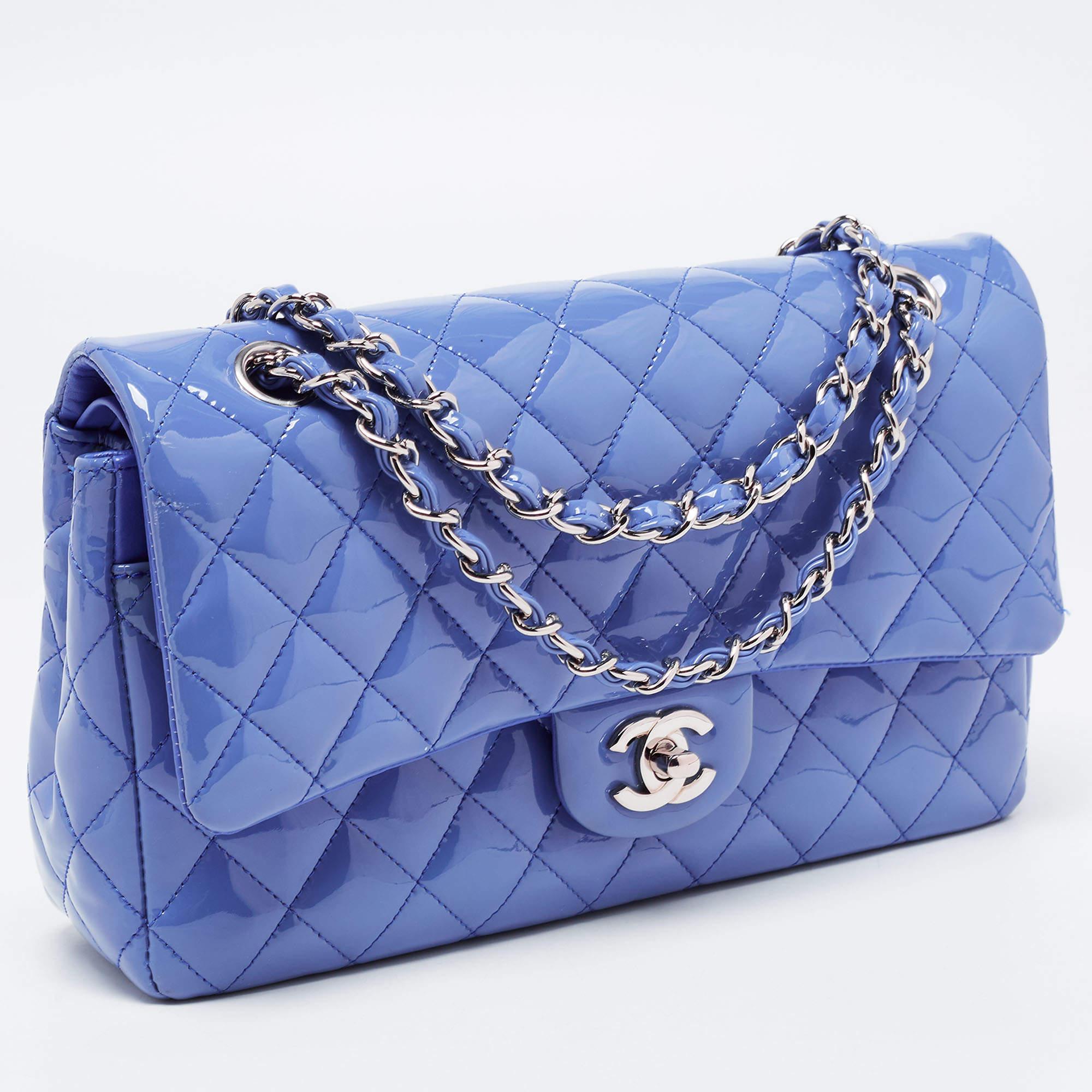 Women's Chanel Light Blue Quilted Patent Leather Medium Classic Double Flap Bag