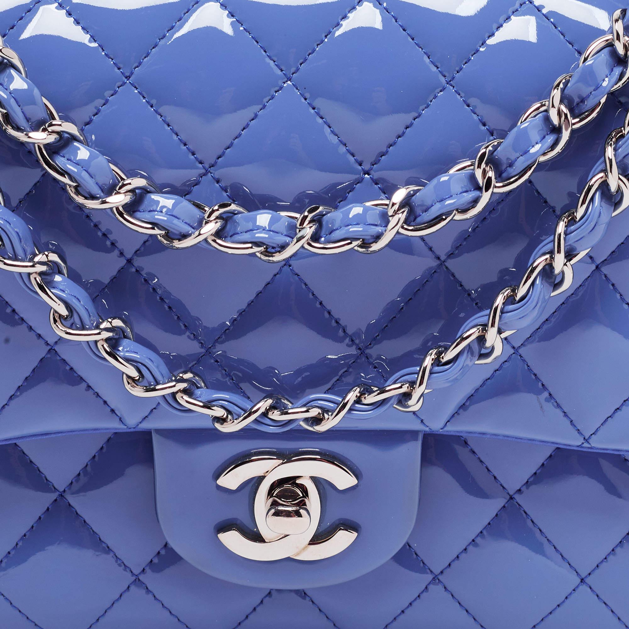 Chanel Light Blue Quilted Patent Leather Medium Classic Double Flap Bag 2