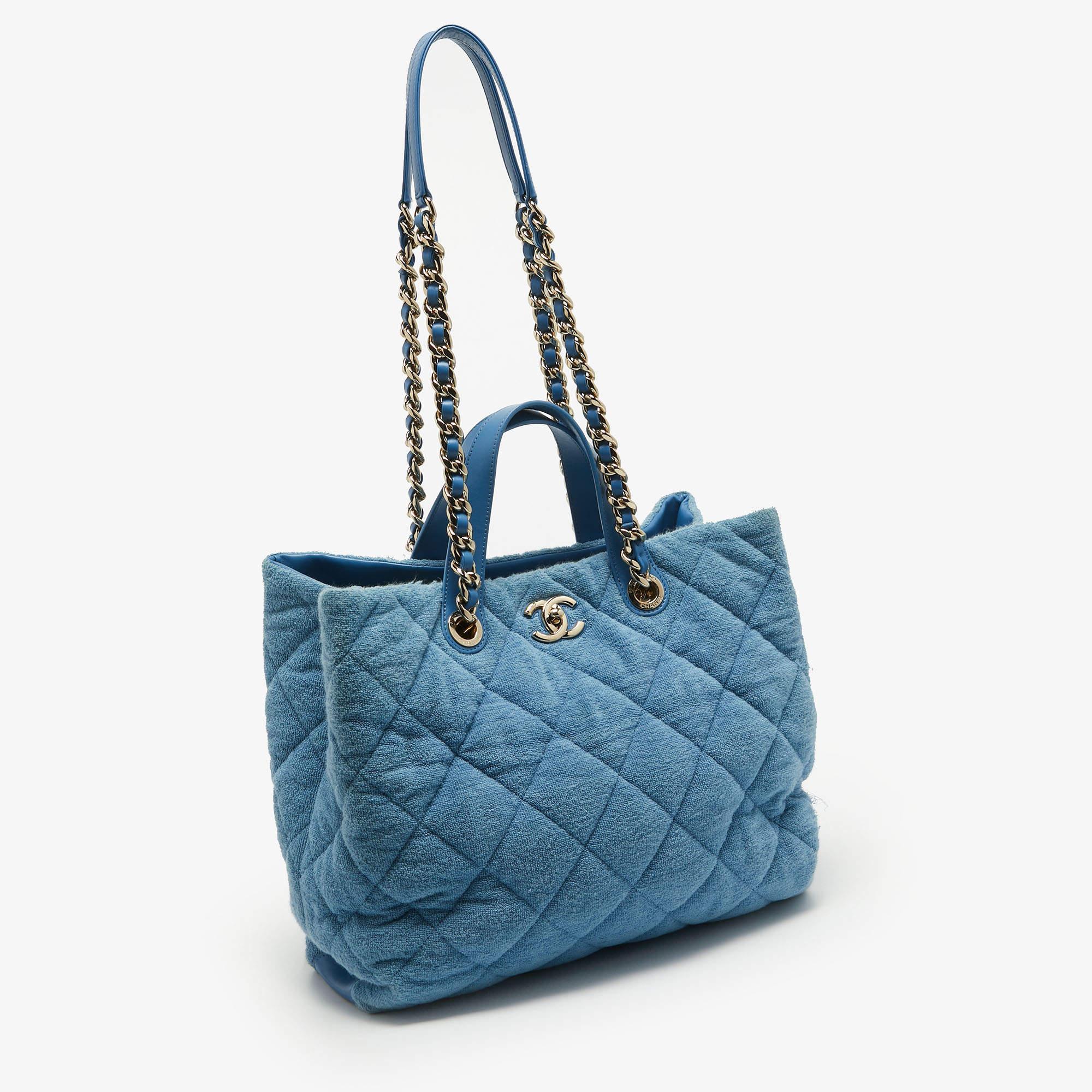 Chanel Light Blue Quilted Terry Cloth Coco Beach Shopper Tote For Sale 11