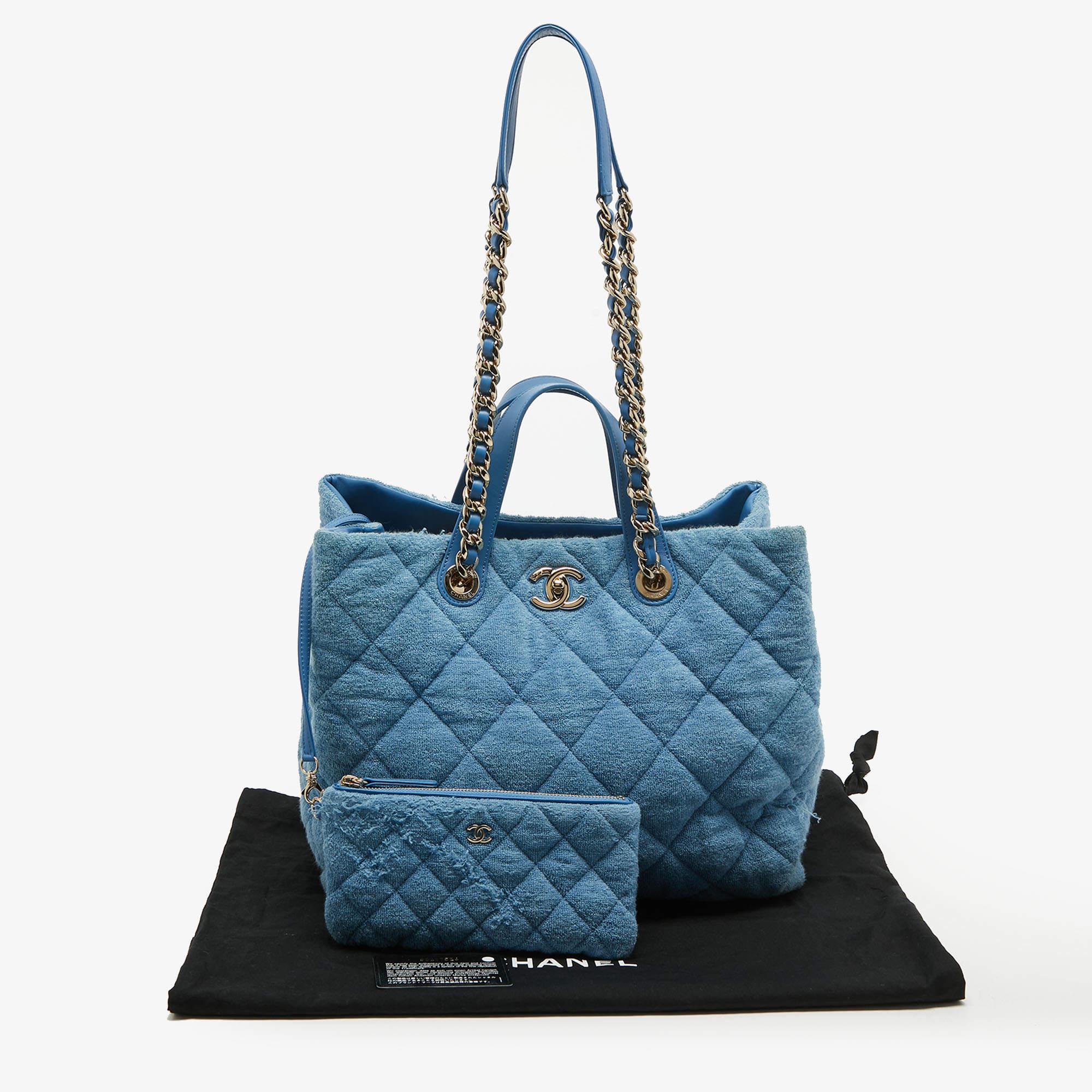 Chanel Light Blue Quilted Terry Cloth Coco Beach Shopper Tote For Sale 12