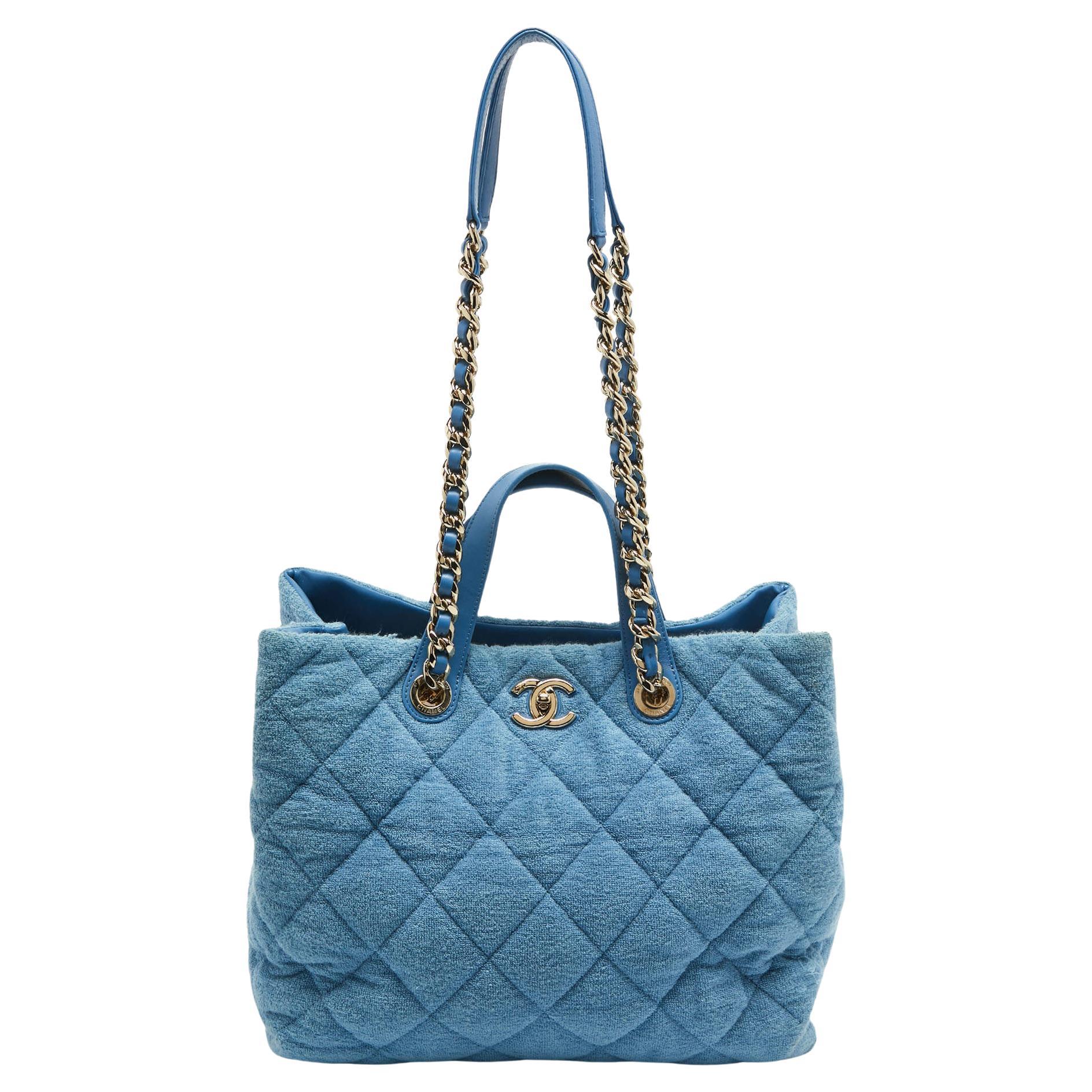 Chanel Light Blue Quilted Terry Cloth Coco Beach Shopper Tote For Sale