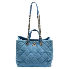 Used Chanel Light Blue Quilted Terry Cloth Coco Beach Shopper Tote