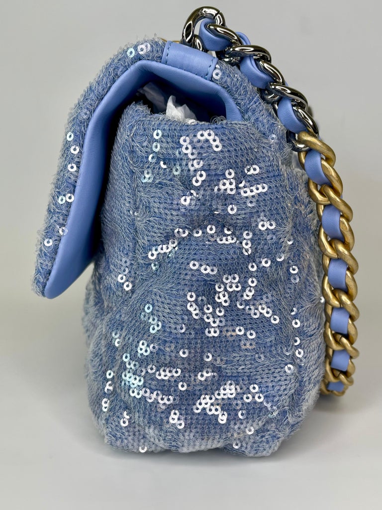 Chanel Light Blue Sequin Quilted Medium 19 Flap at 1stDibs