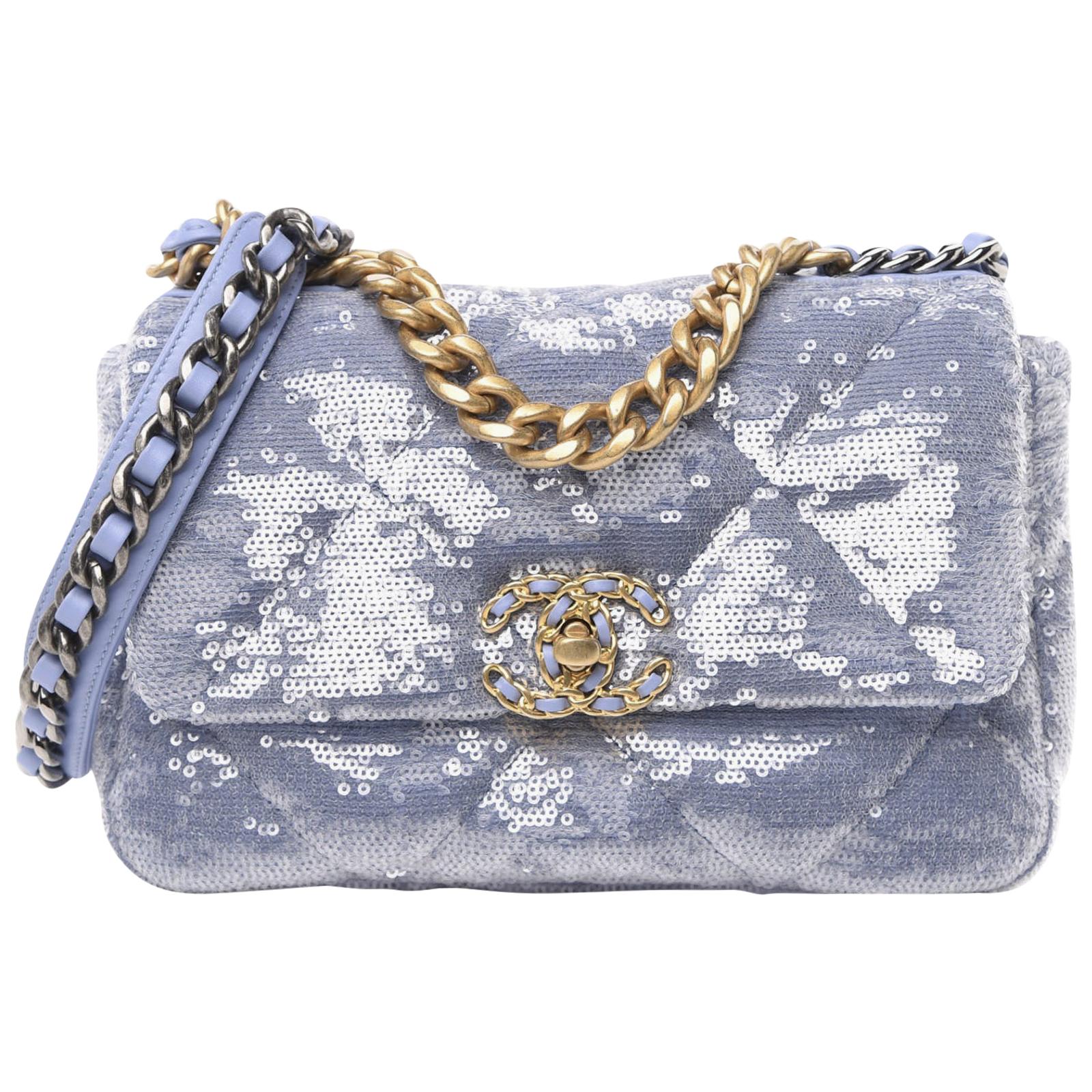 Chanel Light Blue Sequin Quilted Medium 19 Flap