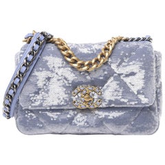 Chanel Light Blue Sequin Quilted Medium 19 Flap 