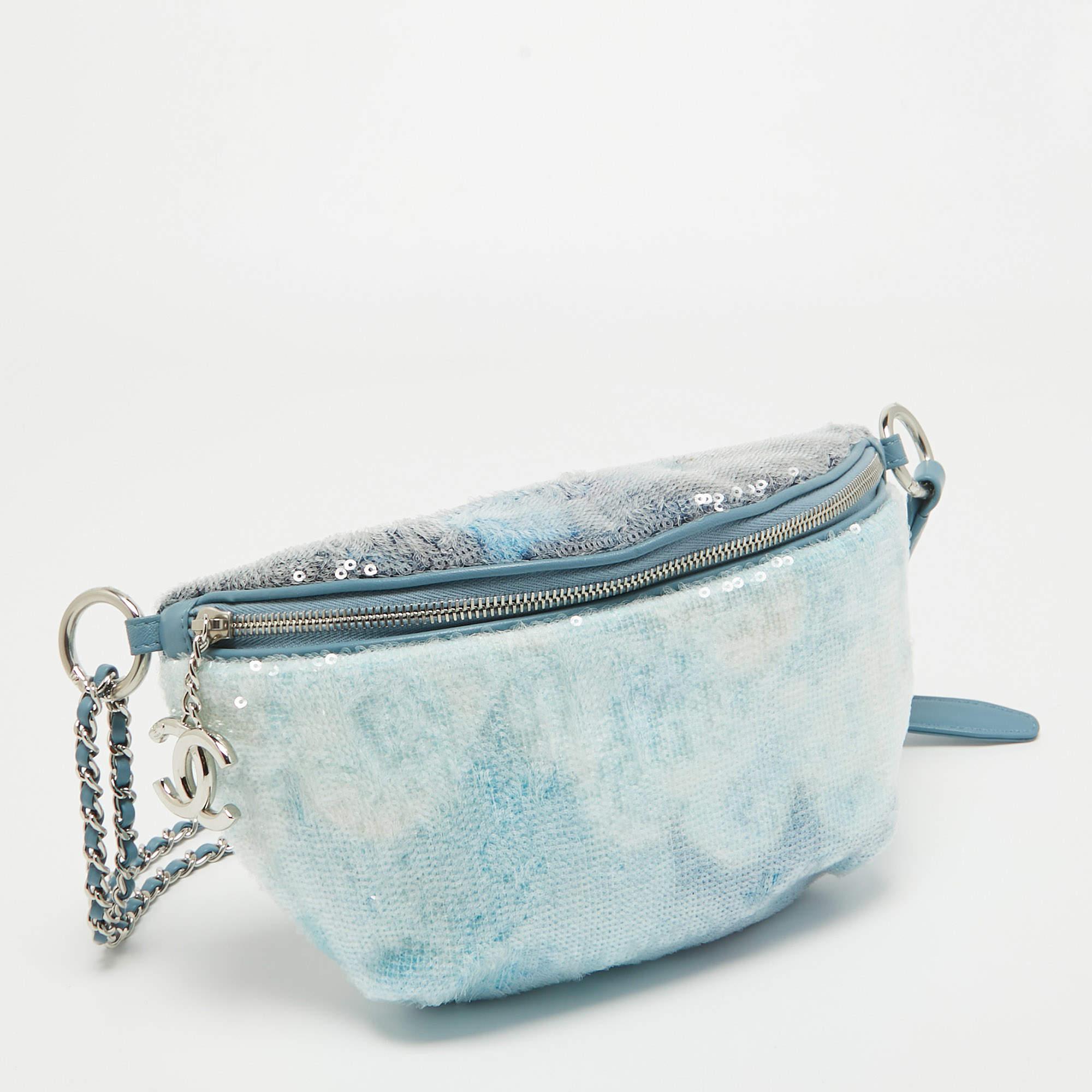 Chanel Light Blue Sequins Waterfall Belt Bag For Sale 4