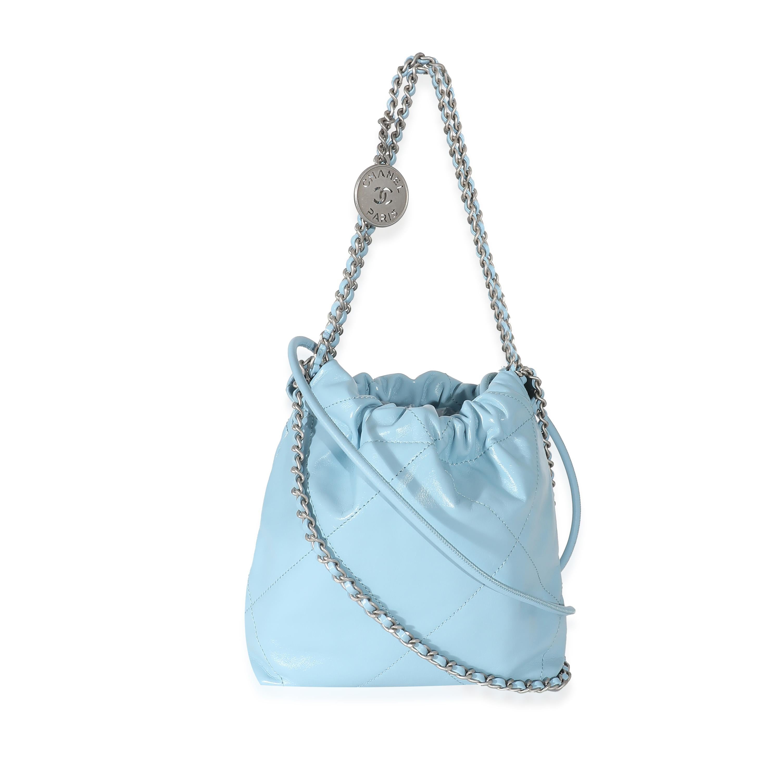 Chanel Light Blue Shiny Quilted Calfskin Mini 22 In Excellent Condition In New York, NY