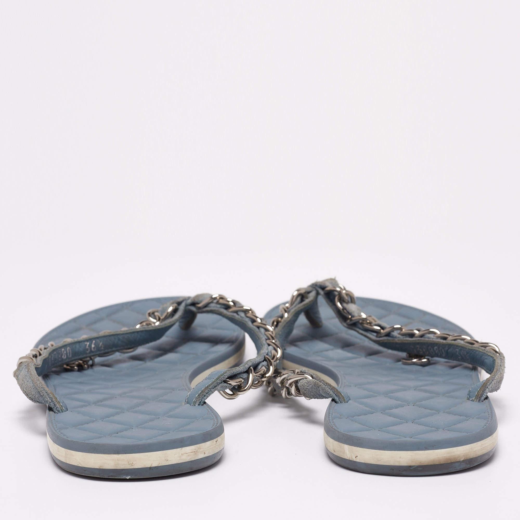 Chanel Light Blue Suede Chain Link Flat Thong Sandals Size 36.5 1