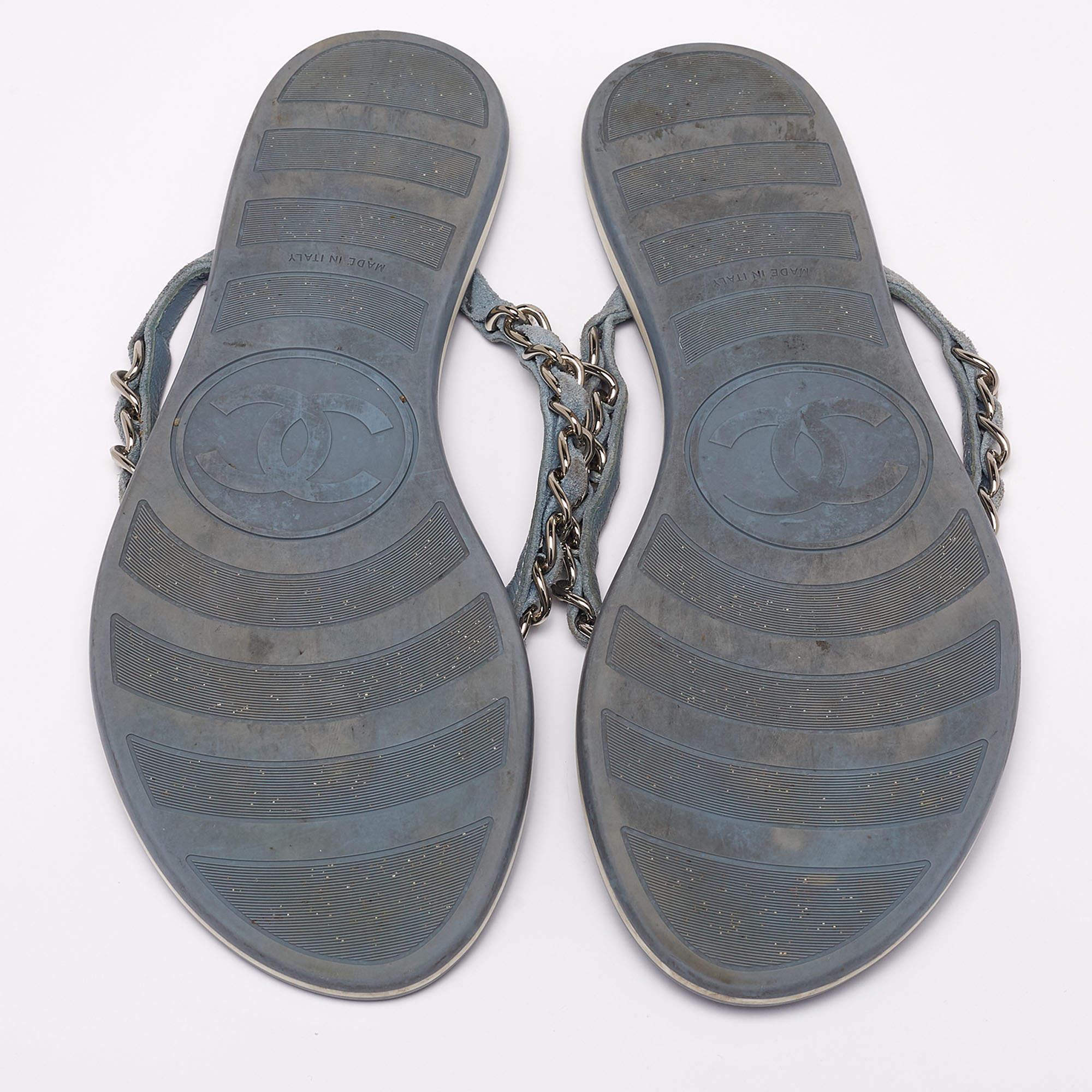Chanel Light Blue Suede Chain Link Flat Thong Sandals Size 36.5 2