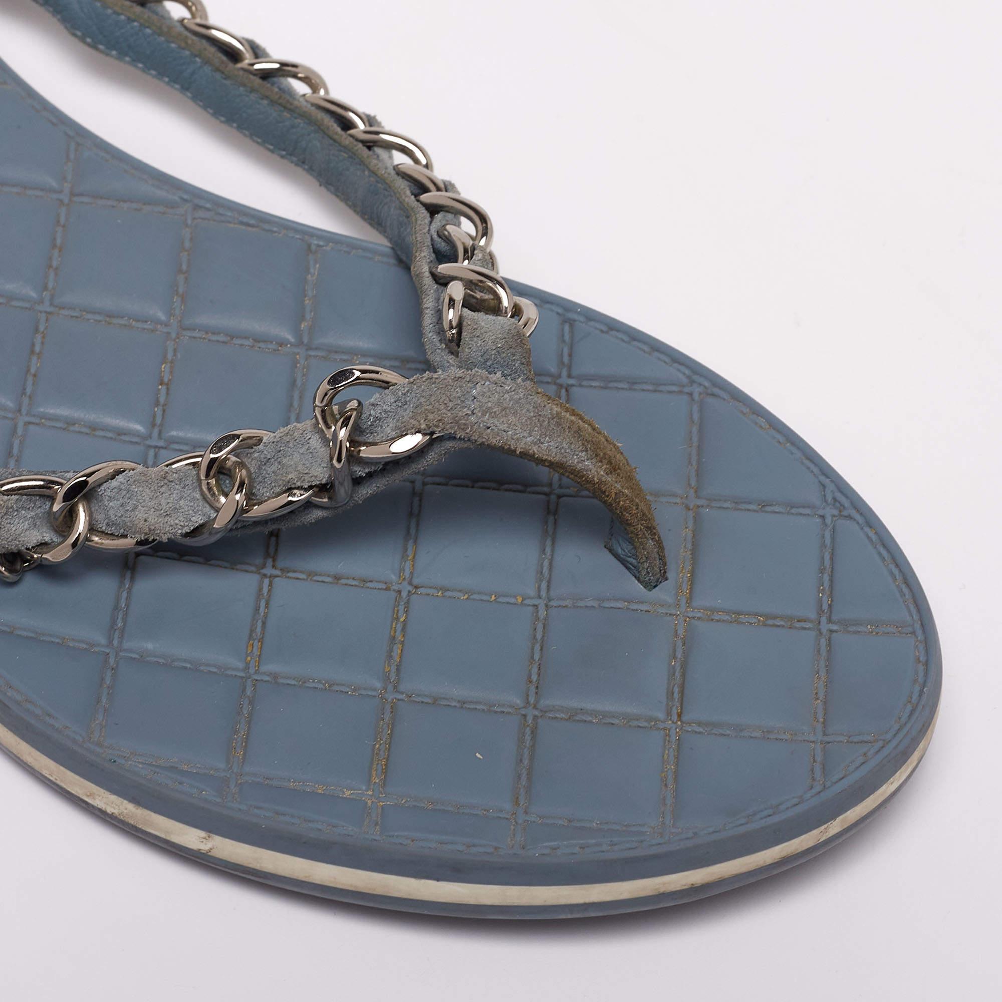 Chanel Light Blue Suede Chain Link Flat Thong Sandals Size 36.5 3