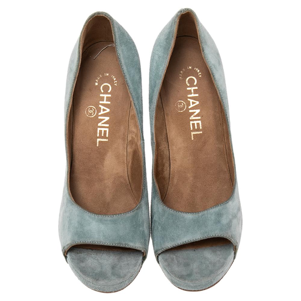 Chanel Light Blue Suede Cork Heel Open Toe Pumps Size 36 1