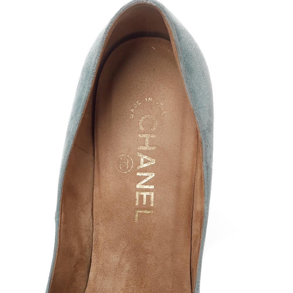 Gray Chanel Light Blue Suede Cork Heel Open Toe Pumps Size 39