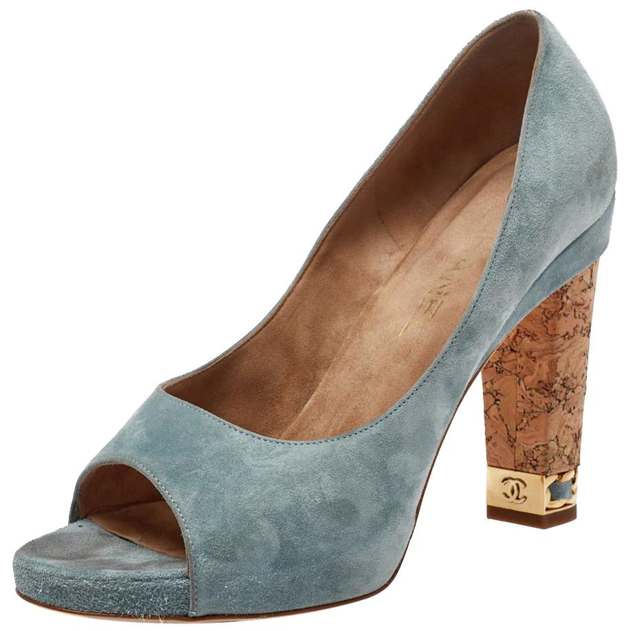 Chanel Light Blue Suede Cork Heel Open Toe Pumps Size 39