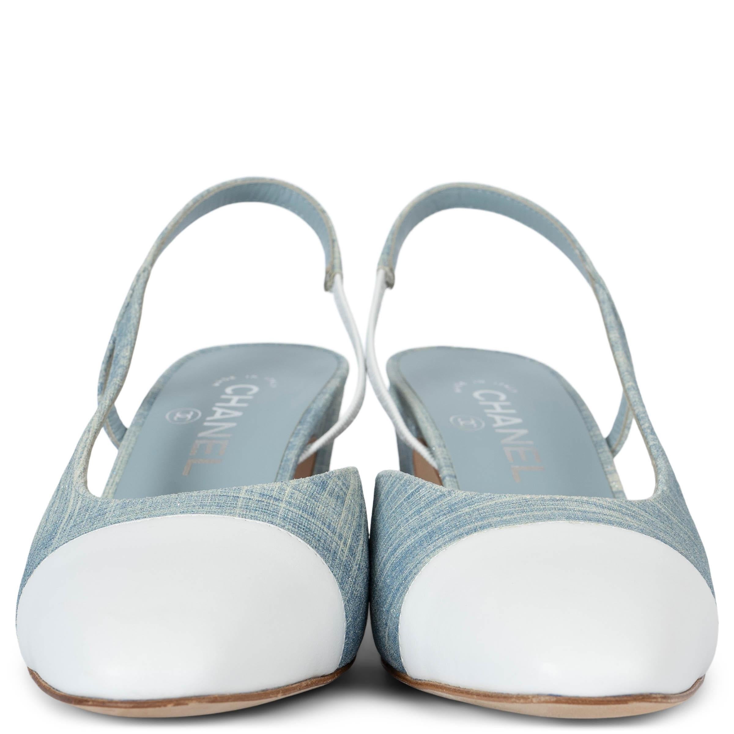 100% authentic Chanel printed denim slingbacks in light blue and white. Feature a white lambskin leather toe cap and block heel with silver-tone CC. Brand new. 

2019 Spring/Summer

Measurements
Model	19S G31318
Imprinted Size	39
Shoe Size	39
Inside
