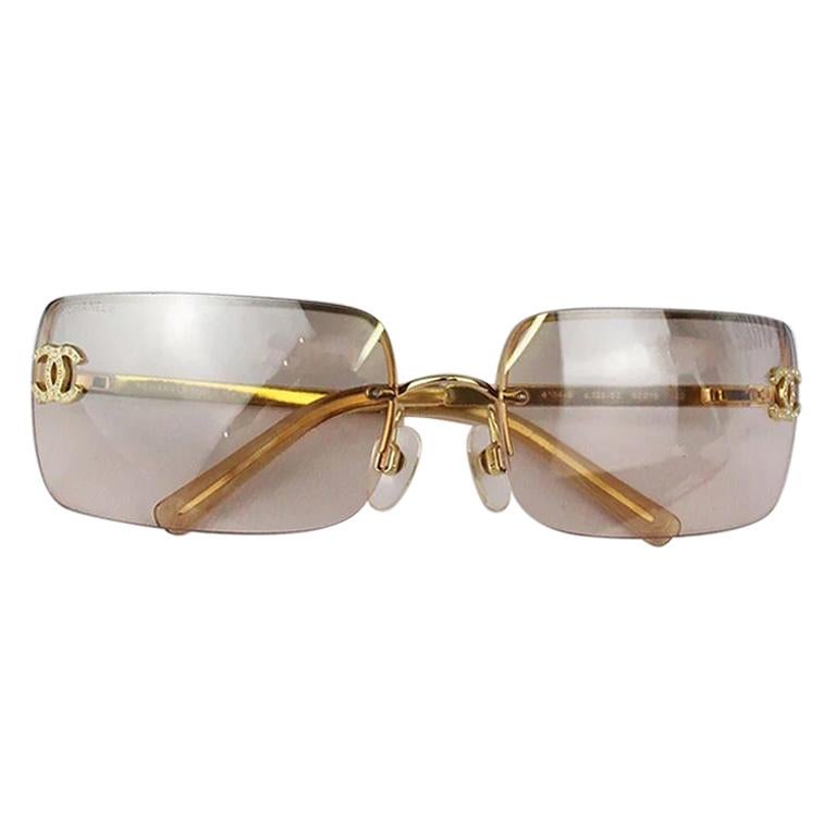 Chanel Light Brown Gold Crystal CC Color Tinted Rimless Kylie Sunglasses