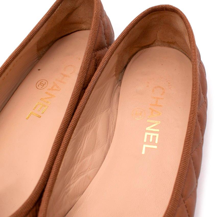 Women's Chanel Light Brown Quilted Leather CC Toe Cap Ballerinas