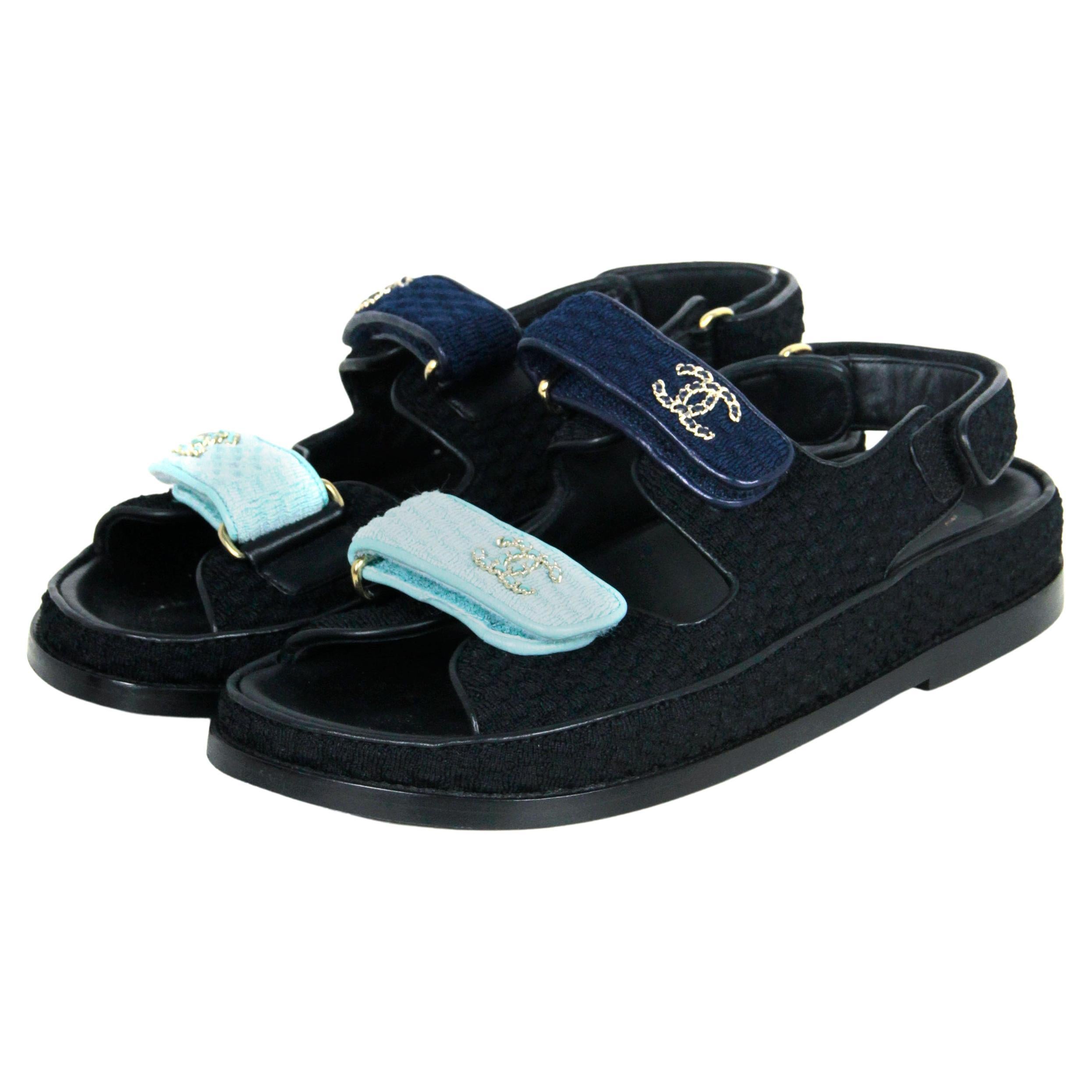Chanel Light/Dark Blue Knit Fabric Velcro Dad Sandals sz 38