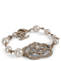 CHANEL light gold 2014 14V CAMELLIA PEARL & CRYSTAL Bracelet