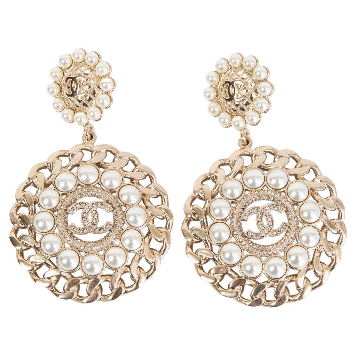 CHANEL light gold 2020 CC PEARL & CRSYTAL CHAIN Earrings
