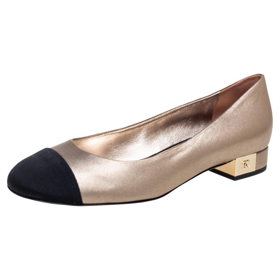 Chanel Light Gold/Black Leather and Fabric Cap Toe Ballet Flats Size 37 at  1stDibs