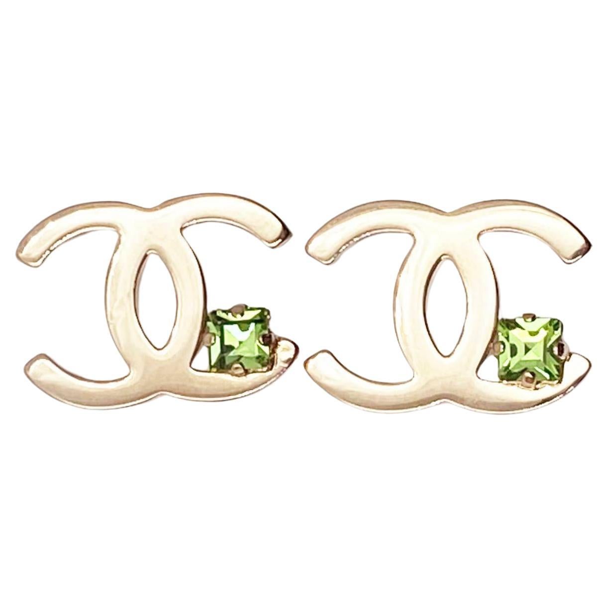 Chanel Light Gold CC Corner Green Crystal Piercing Earrings 