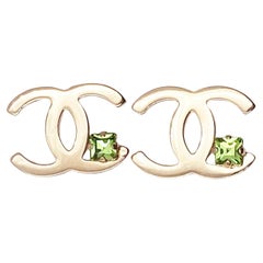 Chanel Light Gold CC Corner Green Crystal Piercing Earrings 