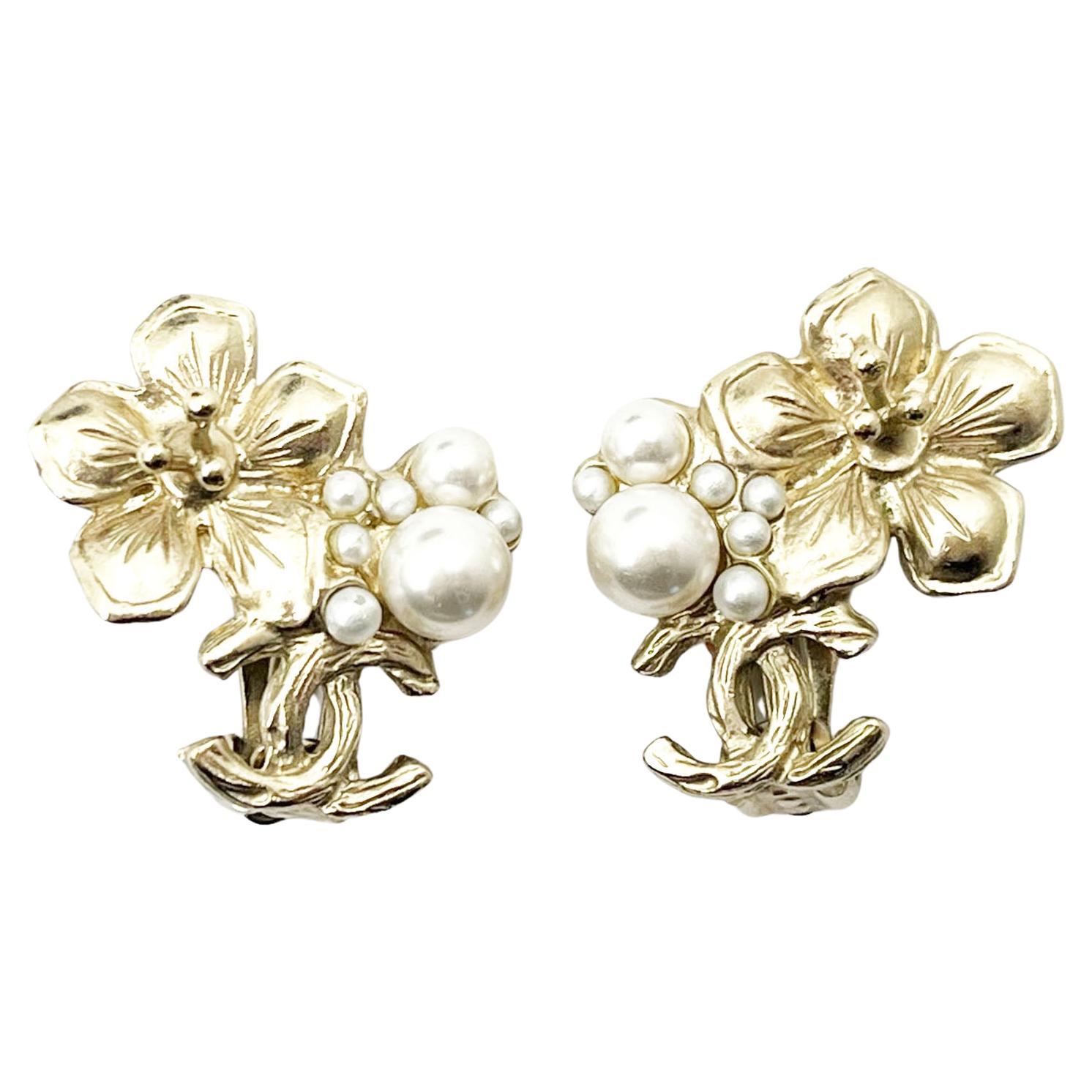 Chanel Light Gold CC Flower Pearl Clip on Earrings  For Sale