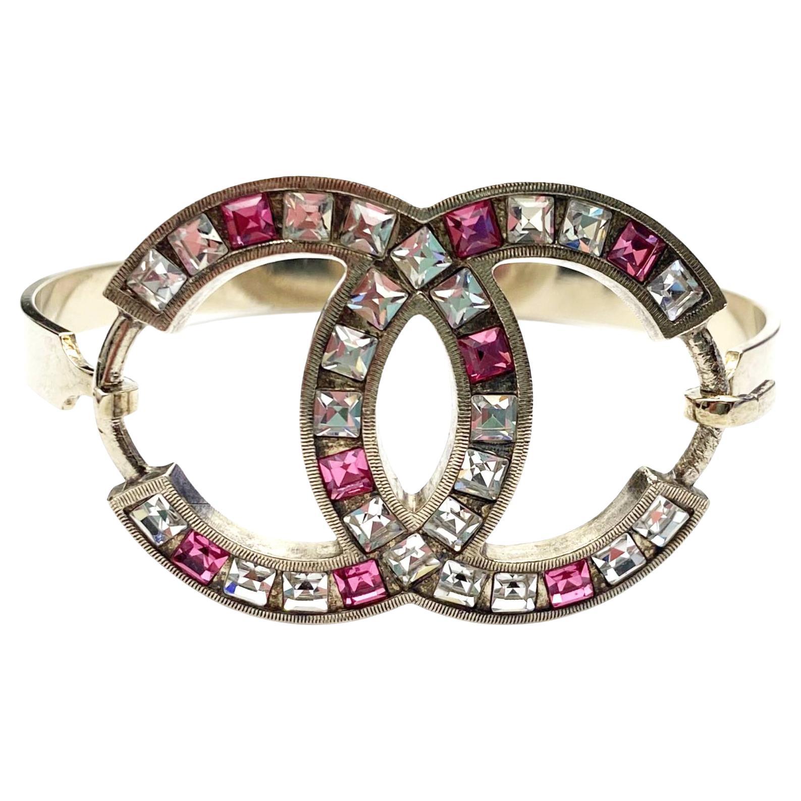 Chanel Light Gold CC Pink Princess Crystal Bangle Bracelet For Sale