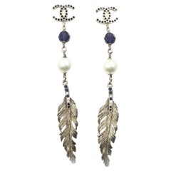 Chanel Light Gold CC Purple Crystal Pearl Feather Long Piercing Earrings 