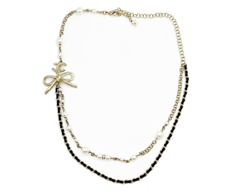 Chanel Light Gold CC Ribbon Bow Pearl Leather Chain Short Necklace For ...