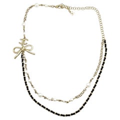 Chanel Light Gold CC Ribbon Bow Pearl Leather Chain Short Necklace