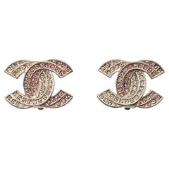 Chanel Light Gold Double CC Overlap Pink Crystal Clip on Earrings 