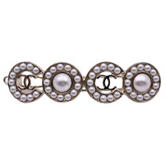 Chanel Light Gold Metal and Pearls Coco Hair Clip Barrette