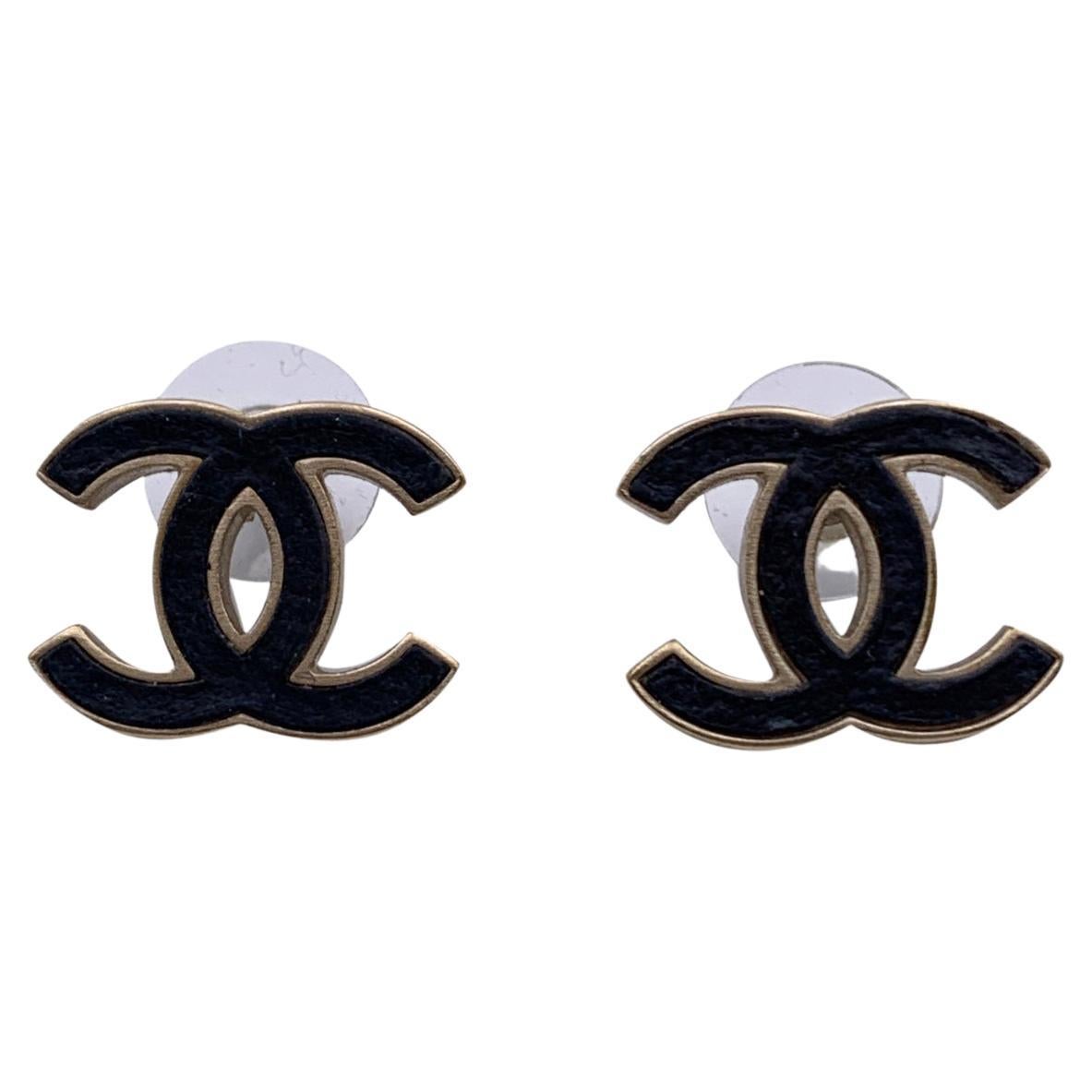 Chanel Light Gold Metal Black Leather CC Logo Studs Earrings For