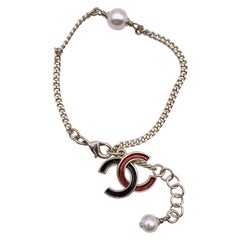 Chanel Light Gold Metal Black Red Enamel CC Logo Chain Bracelet