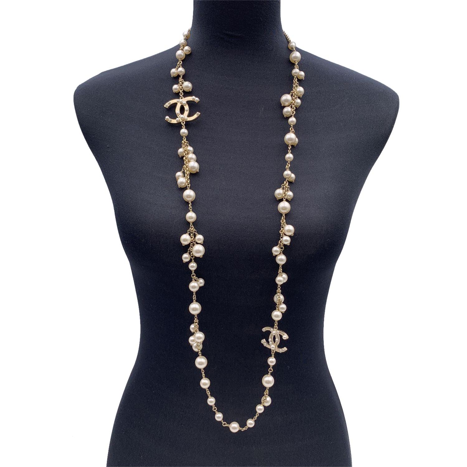 Gray Chanel Light Gold Metal Chain Long Necklace CC Logo Pearls Beads For Sale