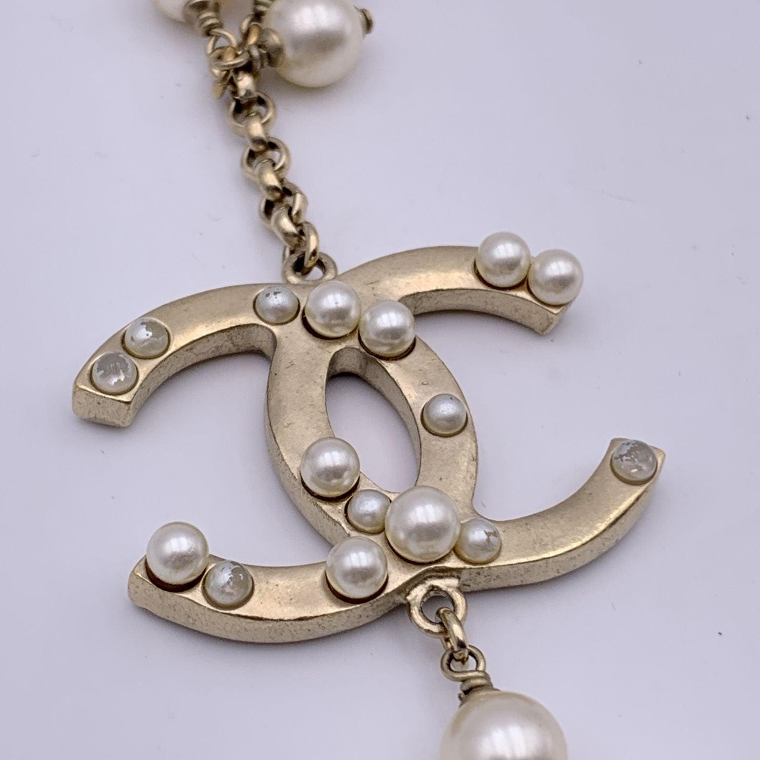 Chanel Light Gold Metal Chain Long Necklace CC Logo Pearls Beads For Sale 1