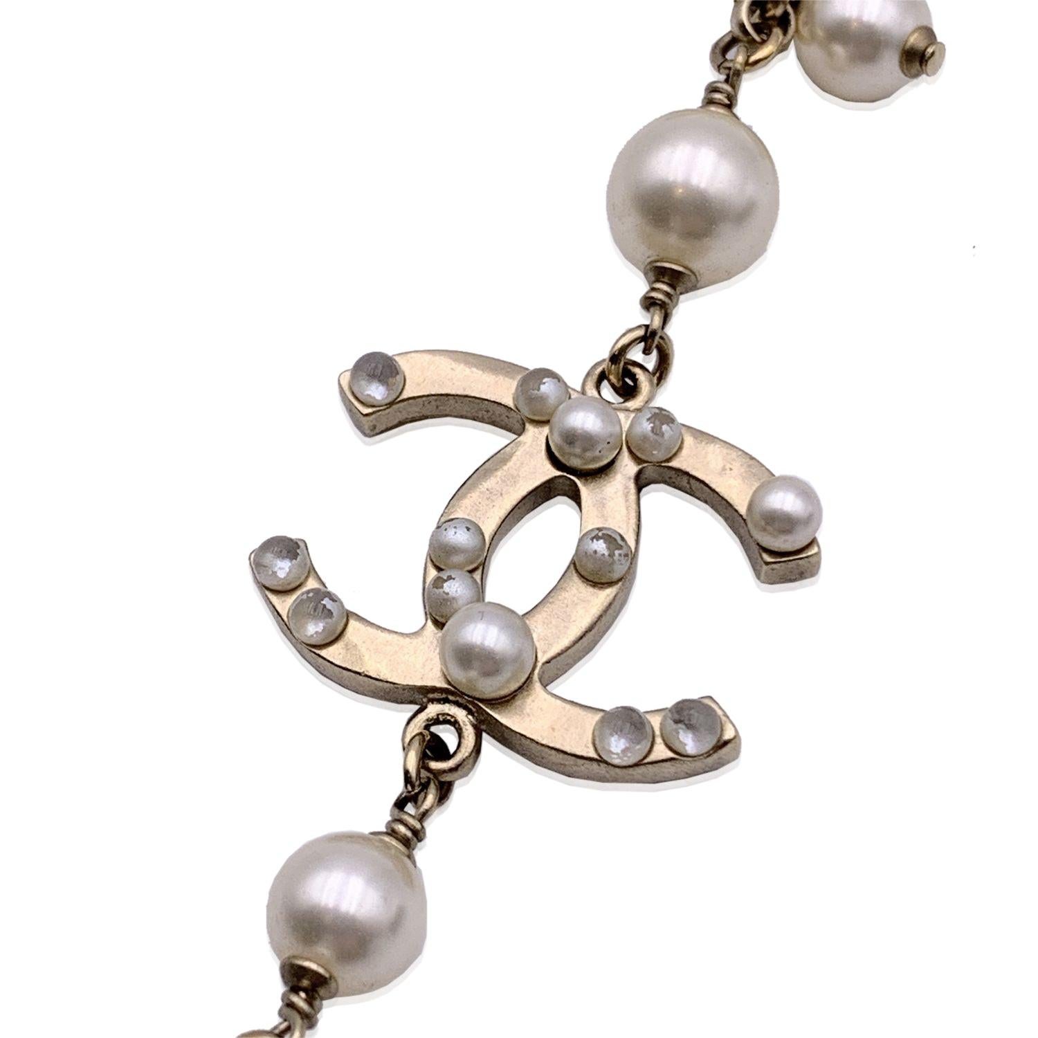 Women's Chanel Light Gold Metal Chain Long Necklace Pearls Beads with CC Logo For Sale