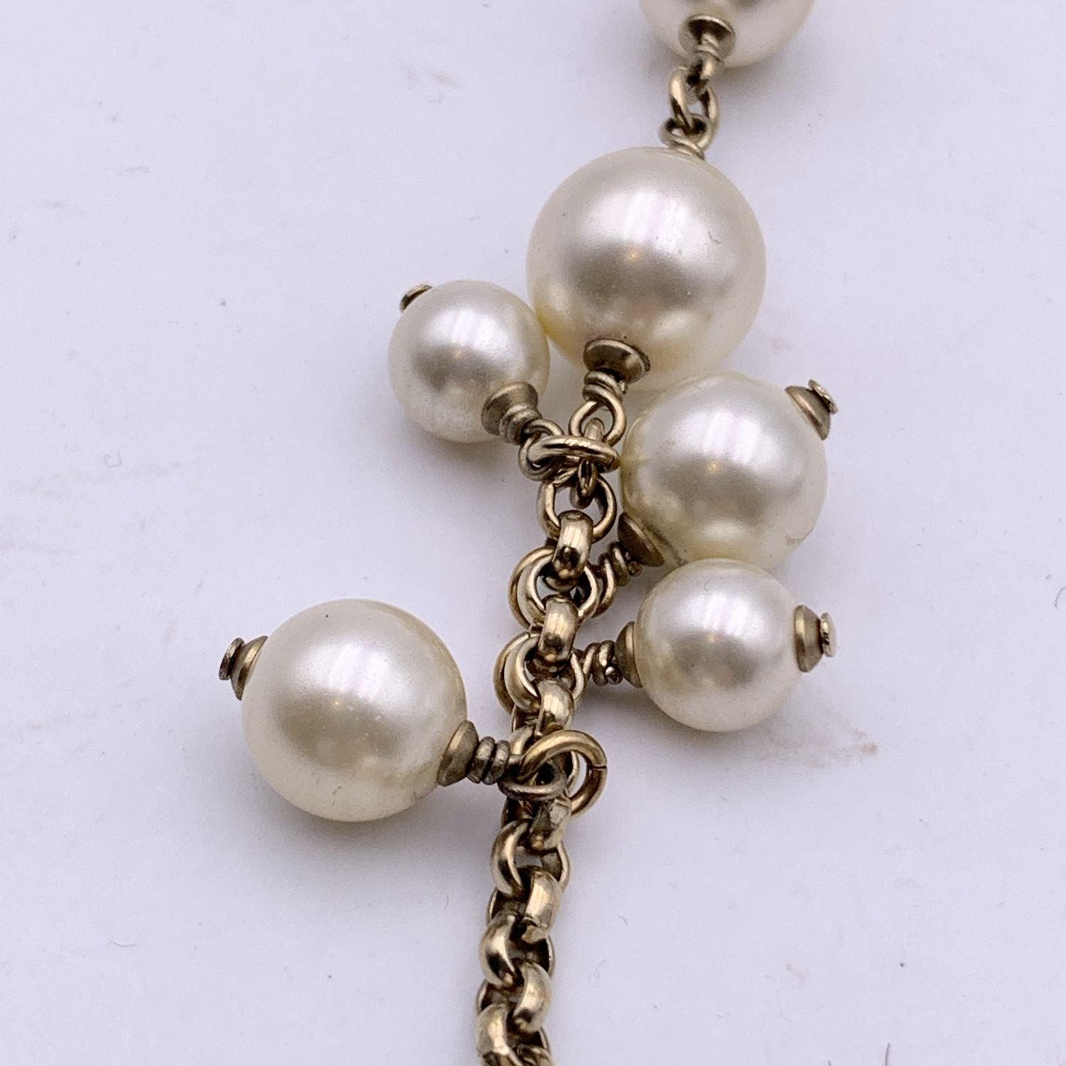 Chanel Light Gold Metal Chain Long Necklace Pearls Beads with CC Logo For Sale 1