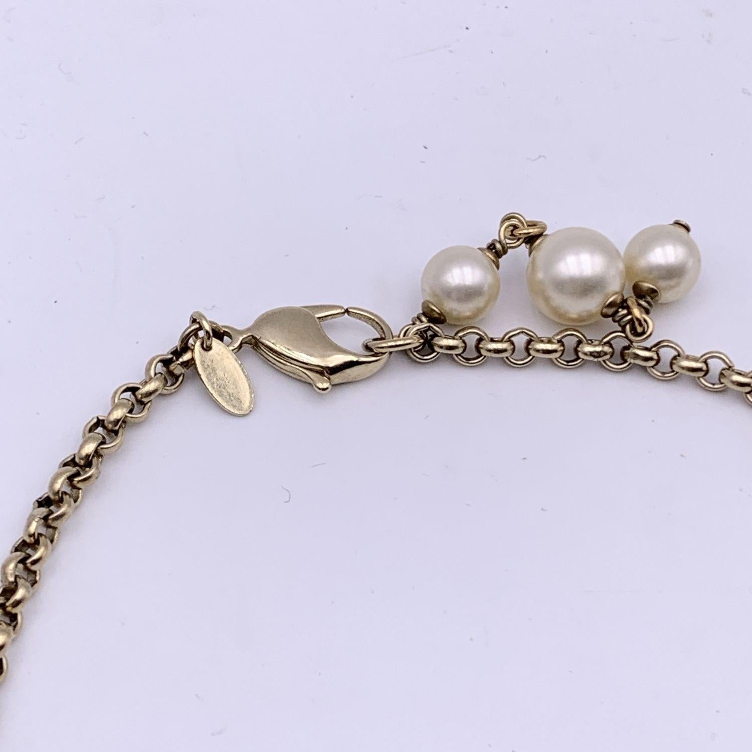 Chanel Light Gold Metal Chain Long Necklace Pearls Beads with CC Logo For Sale 3