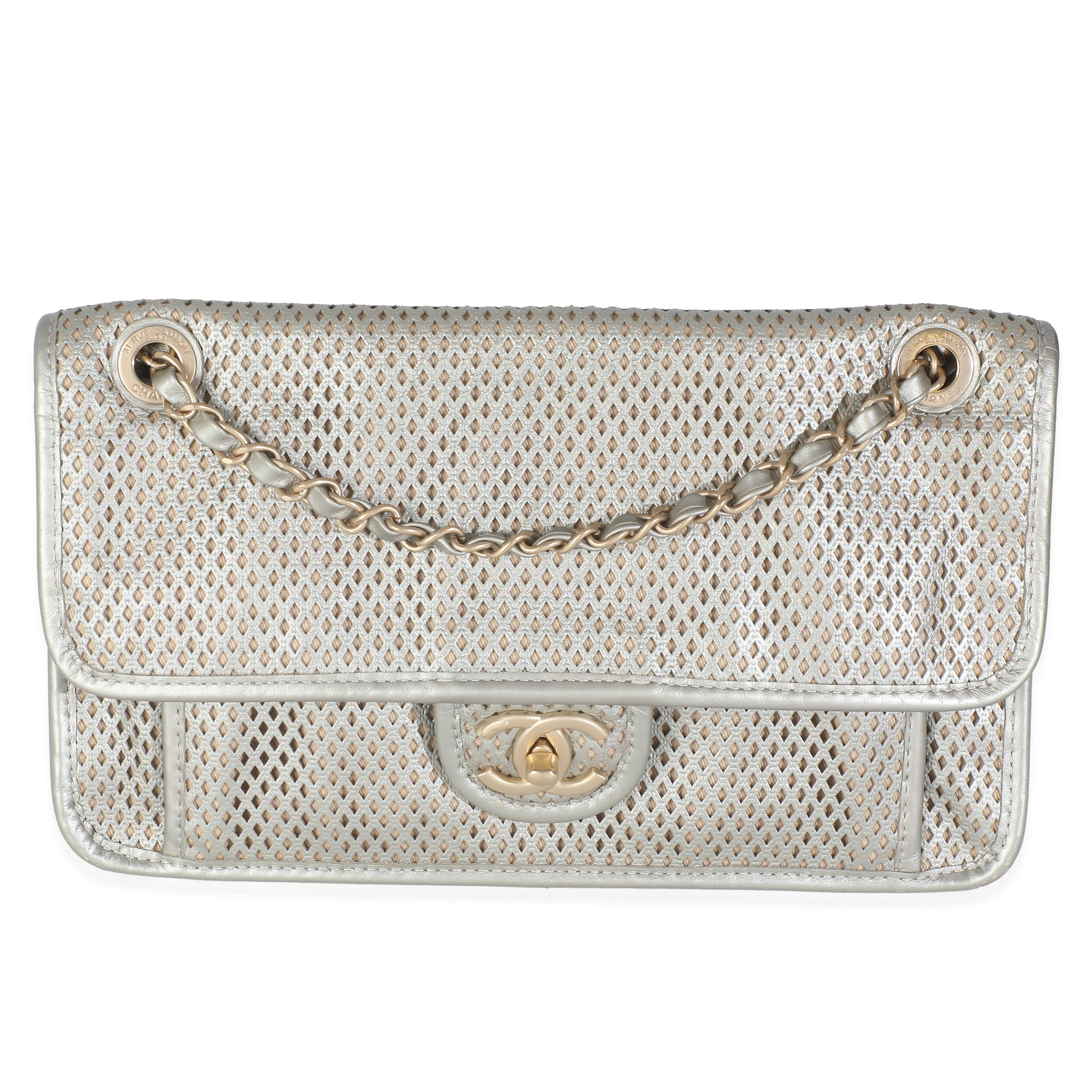 Chanel Light Gold Metallic Perforated Calfskin Small Up In The Air Flap For Sale