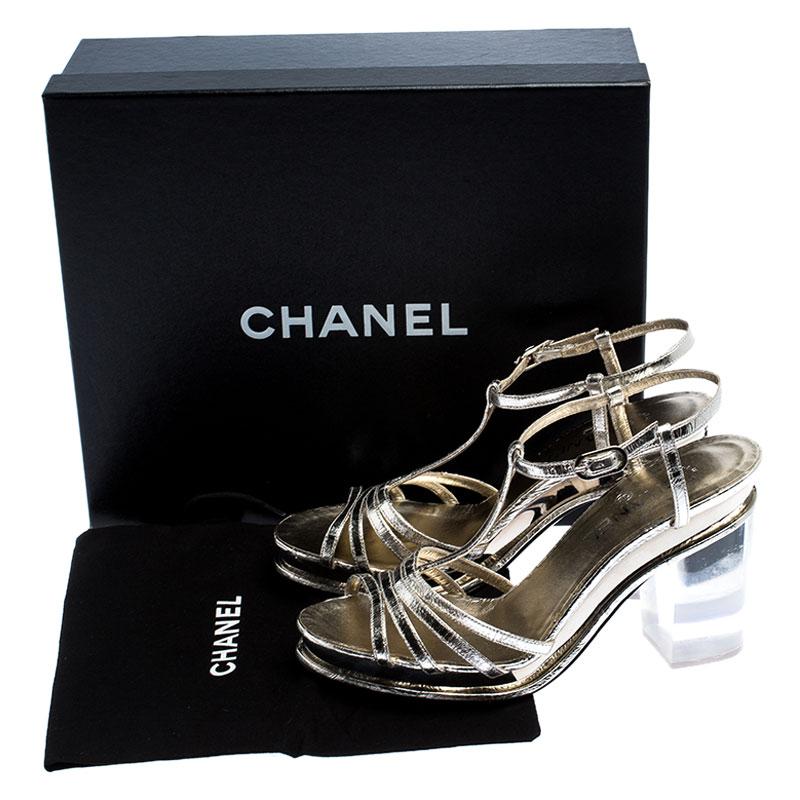 Women's Chanel Light Gold Metallic Strappy Leather Open Toe Platform Clear Heel Sandals 