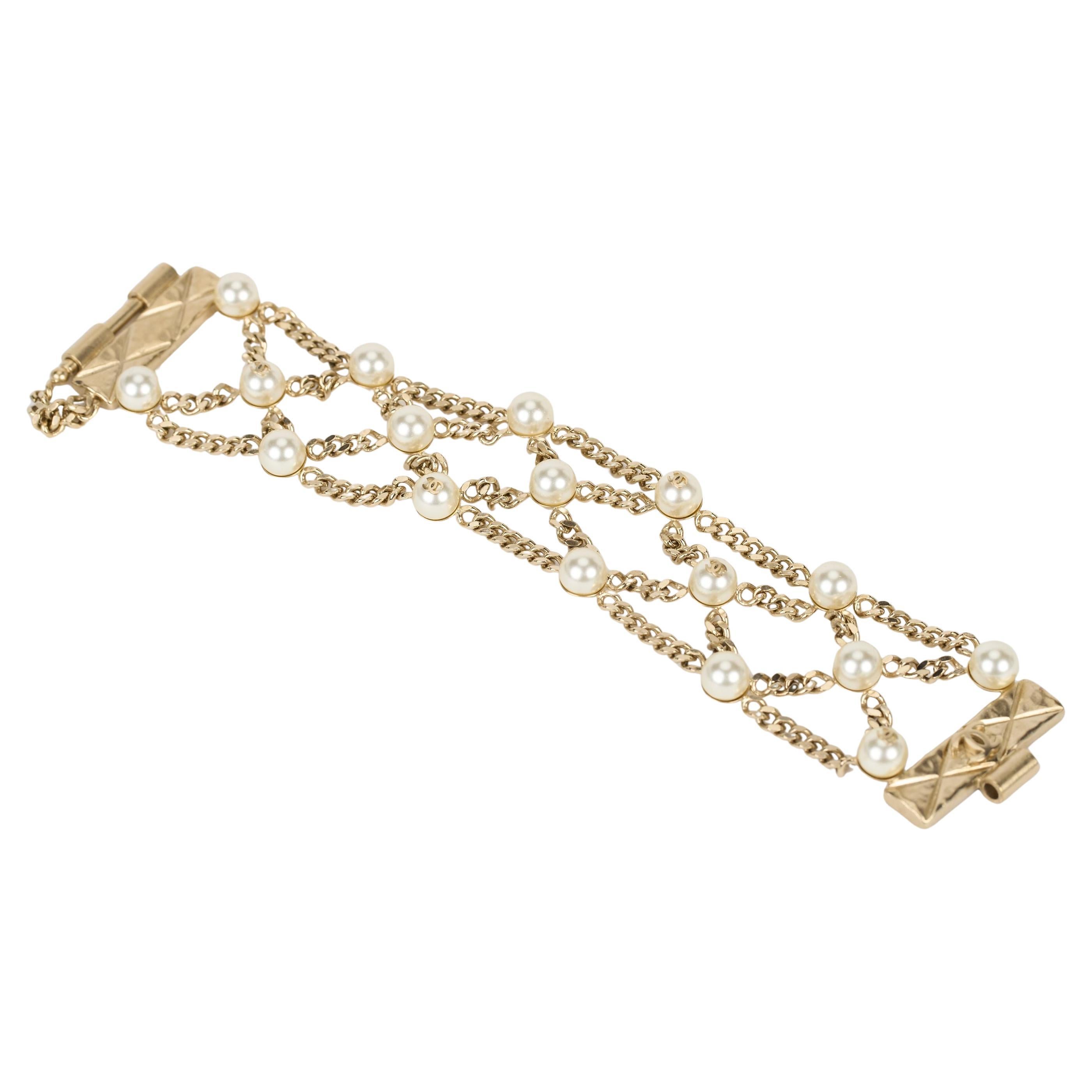 Chanel Light Gold Pearls Chain Bracelet