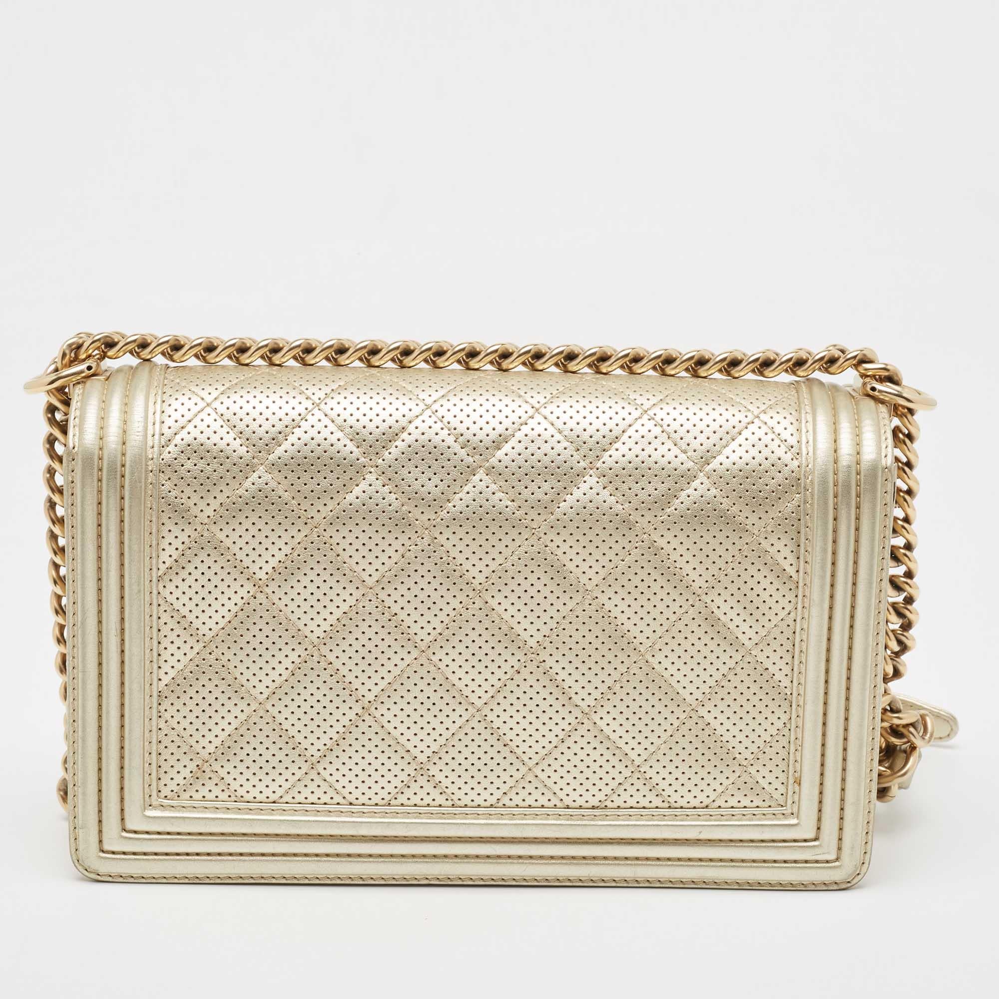 Chanel Light Gold Perforated Leather New Medium Boy Flap Bag 7