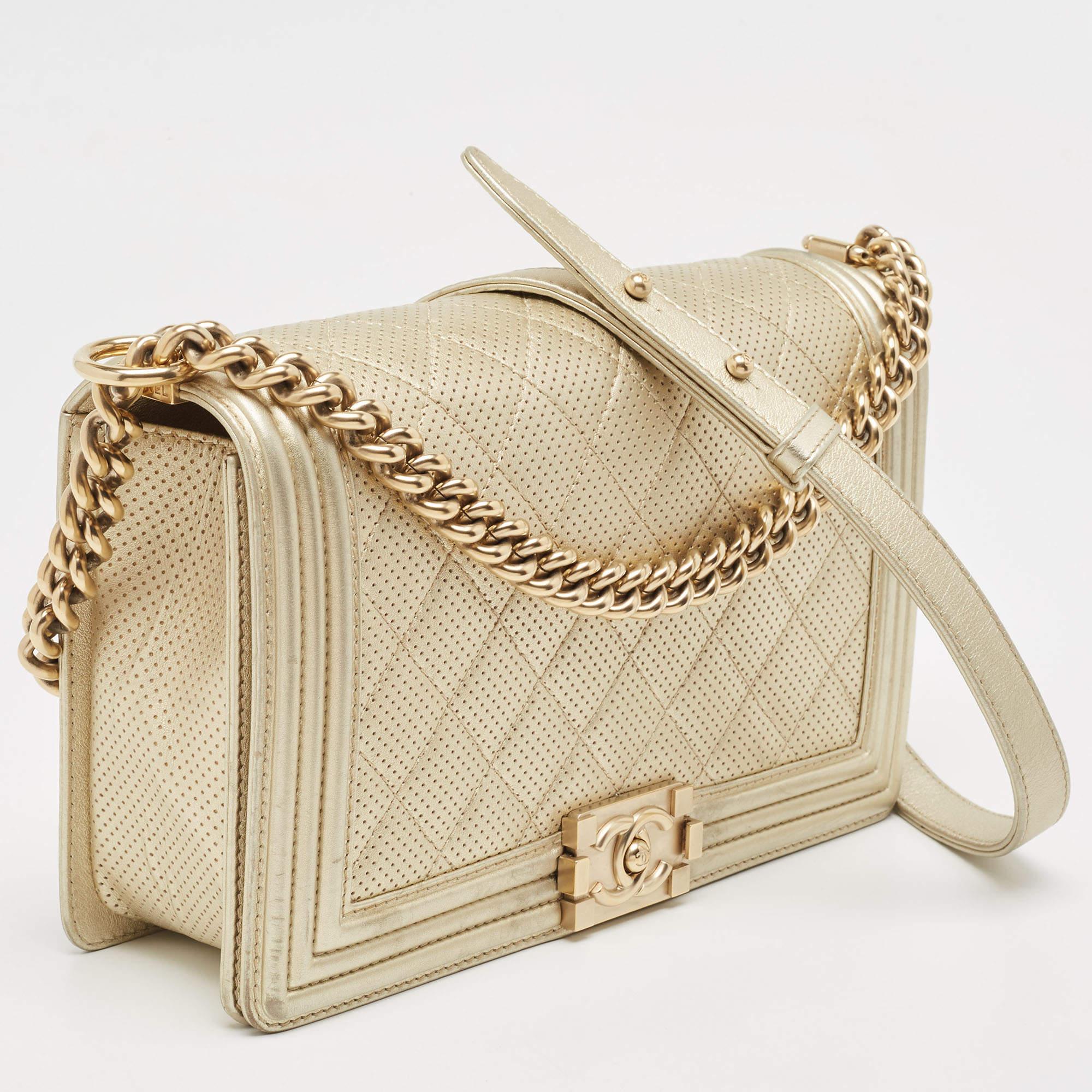 Women's Chanel Light Gold Perforated Leather New Medium Boy Flap Bag