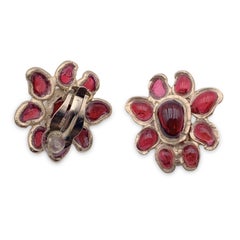 Chanel Light Gold Red Glass Cabochon Flowers Earrings